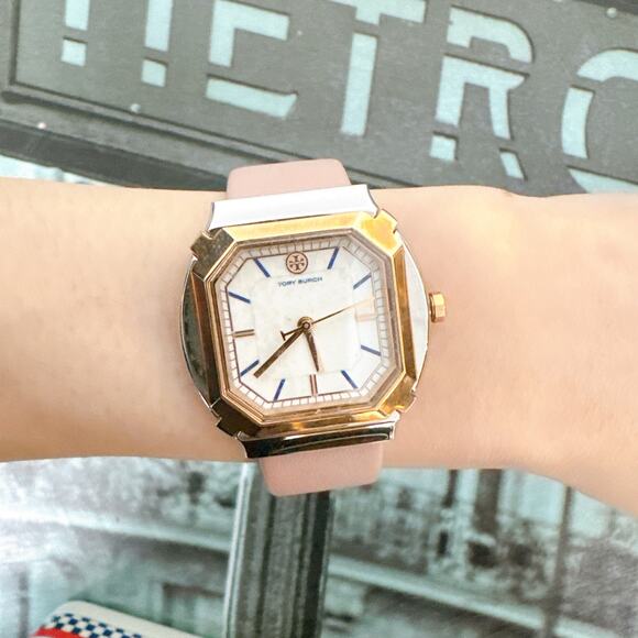 Tory Burch TBW5101 Blake Two Tone Rose Gold & Silver Pink Leather Watch